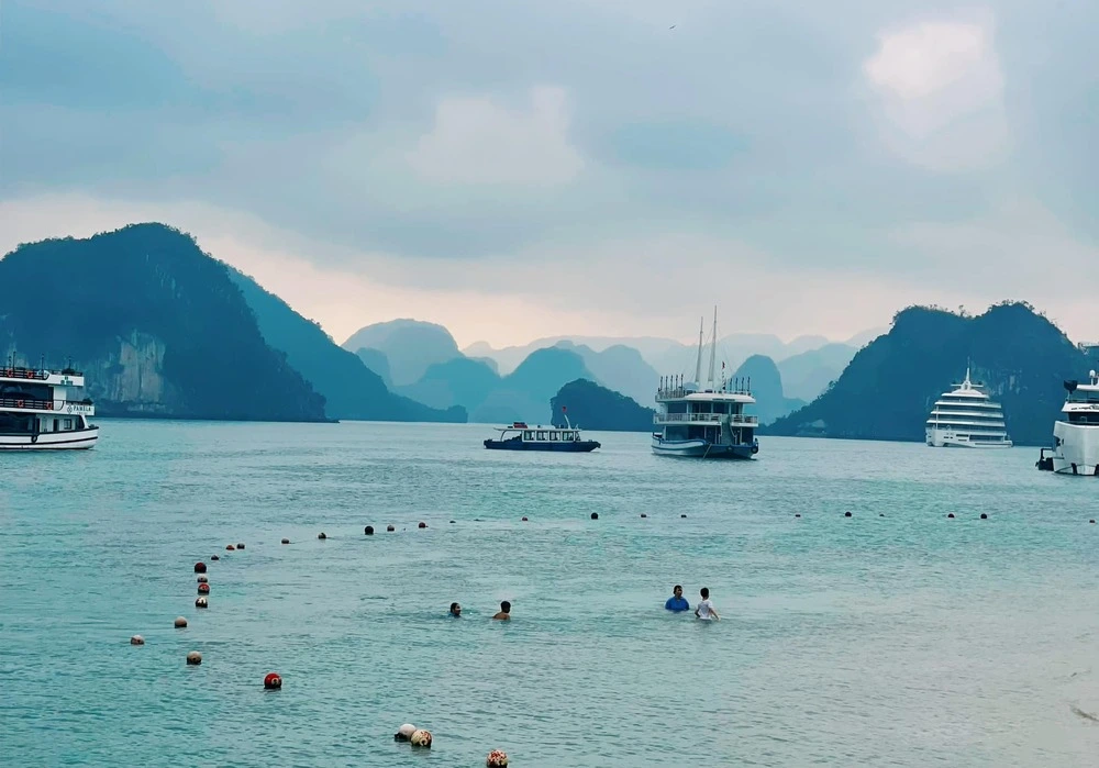 Travelers swimming near cruise boats in Halong Bay