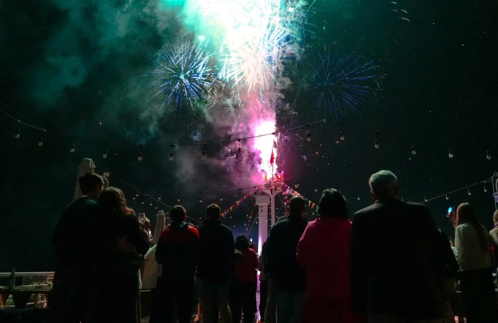 Travelers enjoy firework during New Year Eve in Halong Bay