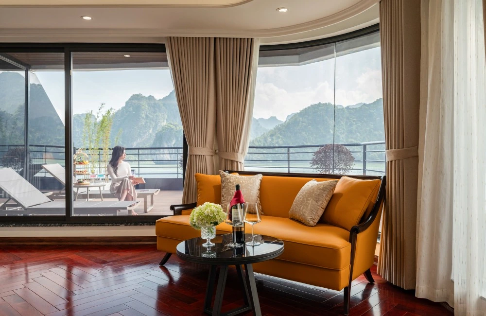 Seating area with glass wall behind