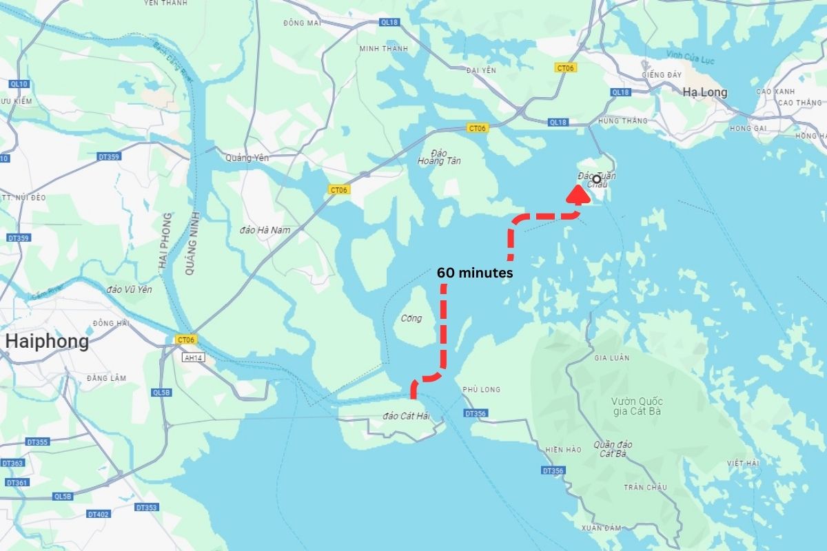 Route from Hai Phong to Halong Bay by ferry