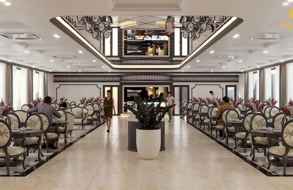 Indoor restaurant with bay view